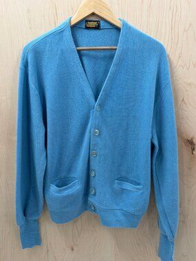 Powder Blue 70s Grandpa Cardigan Sweater Pockets Golf Preppy Geek Edgeworth XL